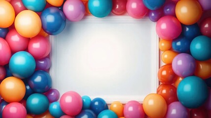 Obraz premium Vibrant multicolored balloons forming a rounded frame around a blank white rectangular background, evoking a festive and cheerful atmosphere