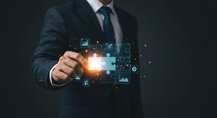 Hand Holding a Glowing Puzzle Piece to Complete a Digital Business Strategy Board