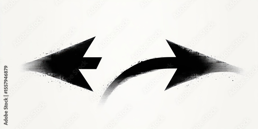 Poster two large black arrows pointing in opposite directions with a curved connecting brush stroke on a wh