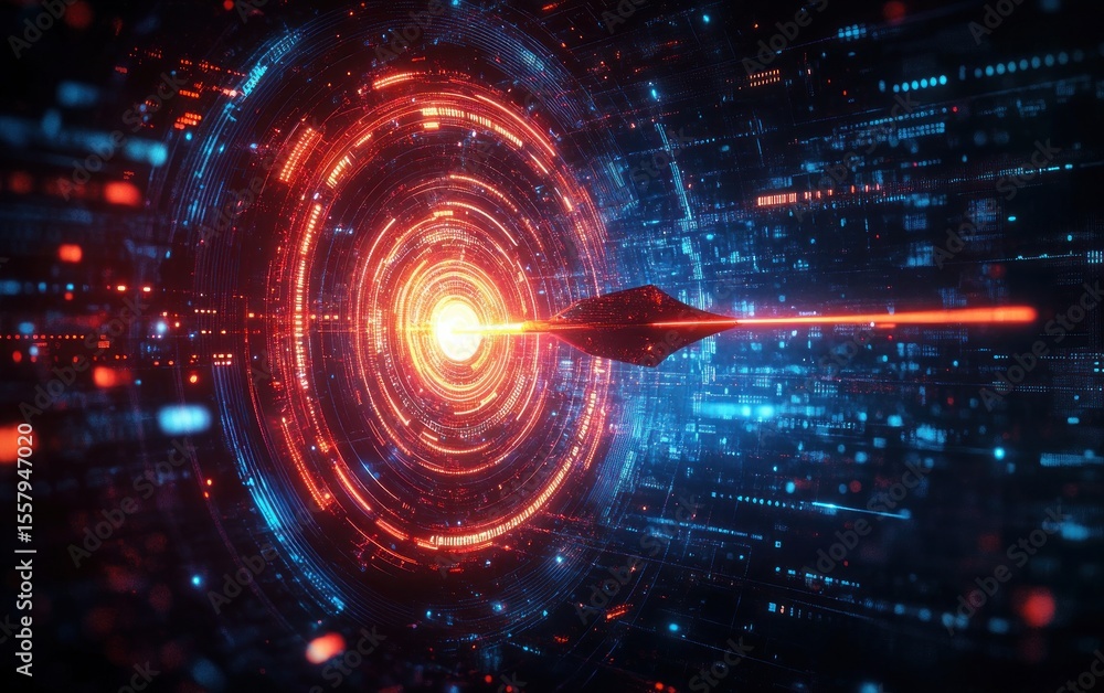 Poster futuristic digital arrow hitting the center of a glowing circular target surrounded by dynamic red a