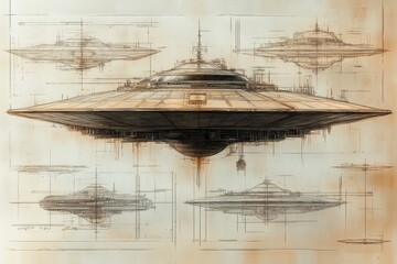 Technical drawing of multiple saucer-shaped futuristic spacecraft with detailed architectural lines and muted sepia tones, suggesting advanced technology and design