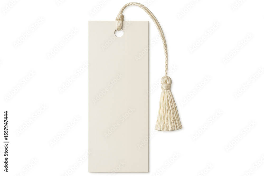 Poster rectangular beige blank tag dangling with string, hanging freely against transparent background, rea