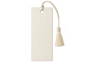 Rectangular beige blank tag dangling with string, hanging freely against transparent background, ready for custom branding or messaging