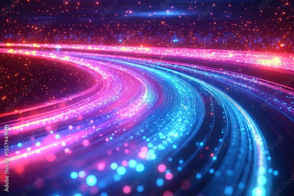 Poster curved pathways of vibrant neon pink and blue glowing particles streaming through a dark space, crea