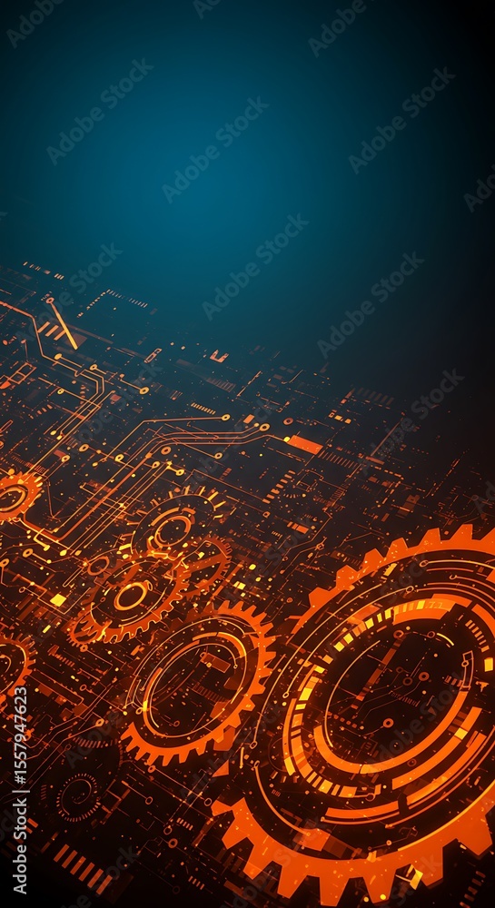 Poster futuristic tech: orange gears and circuits on a dark blue backdrop, intricate orange mechanical and 