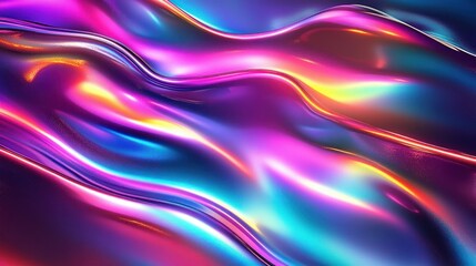 Fototapeta premium Smooth flowing abstract surface with vibrant neon colors blending pink, purple, blue, and yellow creating a futuristic metallic fluid effect