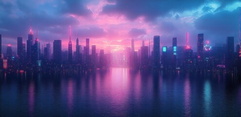 Fototapeta premium Futuristic city skyline at sunset with glowing skyscrapers reflecting on calm water under a colorful sky with purple and pink hues