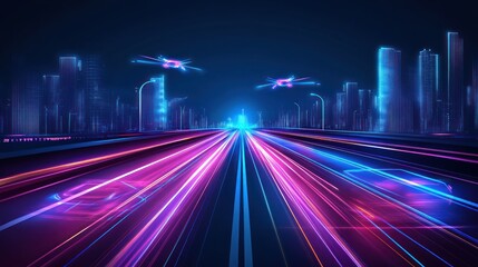 Obraz premium Futuristic city highway at night with vibrant digital light trails