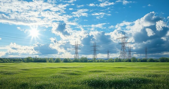 Bright sunny day over a green grassy field with white wildflowers and several power line towers stretching across the horizon under a partly cloudy blue sky
