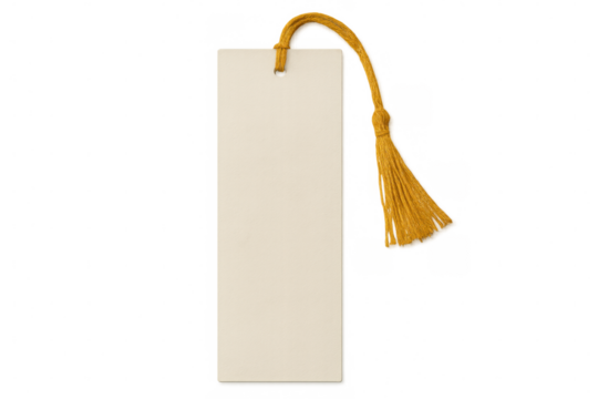 Golden bookmark dangling tassel resting against translucent surface, ready for personalization
