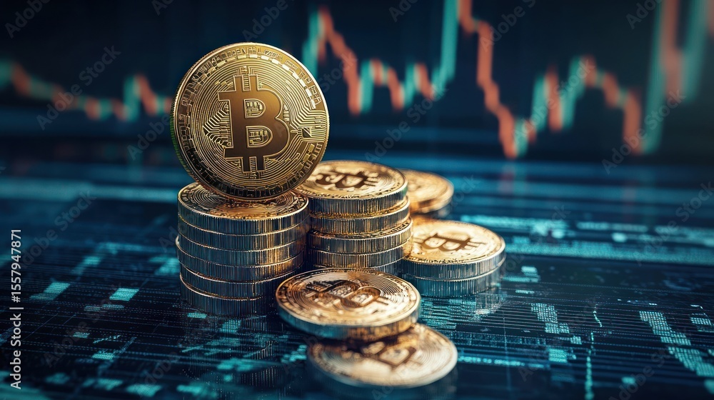 Poster stack of gold-colored coins with a symbolic design placed on a digital financial graph background sh