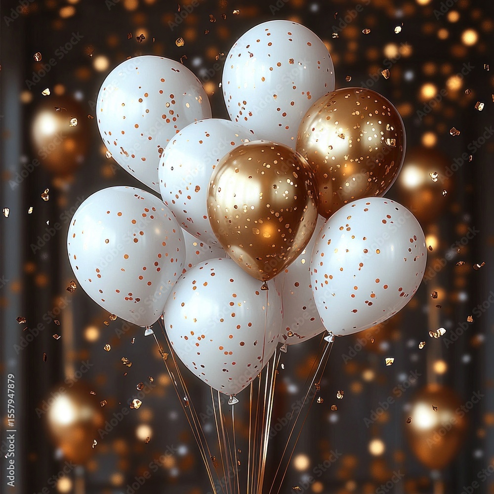 Poster a festive cluster of white and gold balloons with gold confetti floating around creating a joyful an