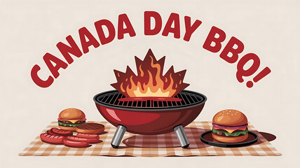 a Canada Day BBQ social media post design with a red BBQ grill, a maple leaf, and playful typography on a checkered beige background, created with generative ai