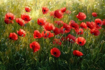 Fototapeta premium Bright red poppy flowers blooming in a sunlit green meadow, evoking a peaceful and vibrant natural setting