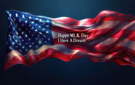 Waving American flag with text commemorating Martin Luther King Jr. Day expressing hope and unity