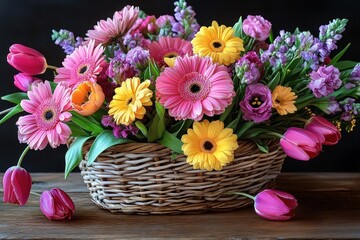 Fototapeta premium Bright and colorful bouquet of pink tulips, yellow daisies, and purple flowers arranged in a rustic wicker basket on wooden surface with dark background