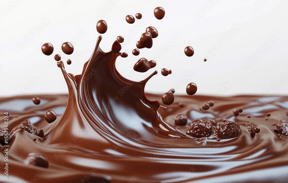 Poster close-up of rich, smooth chocolate splash with droplets and pieces creating dynamic motion on a glos