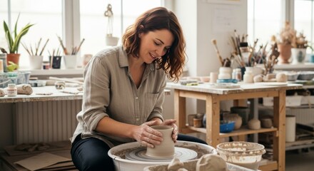 Passionate Female Potter Shaping Clay on a Pottery Wheel in a Cozy Studio