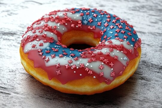 Close-up of a glazed donut decorated with red, white, and blue icing and star-shaped sprinkles on a textured surface