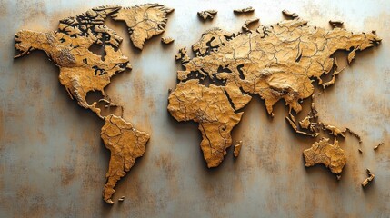 3D textured world map in earthy brown tones on cracked surface background symbolizing age and natural elements