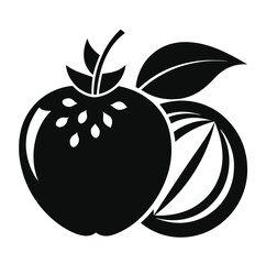 Stylized black and white icon of a whole strawberry with seeds and a sliced strawberry revealing its interior texture