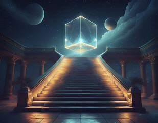 A giant marble stairway ending at a floating cube, night scene