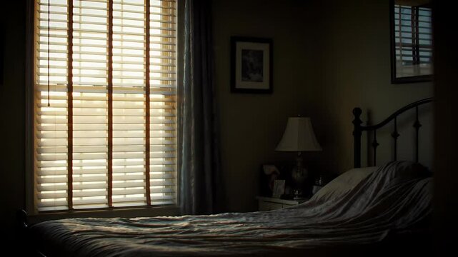 Sunlit window in a cozy bedroom casting light over a rumpled bed