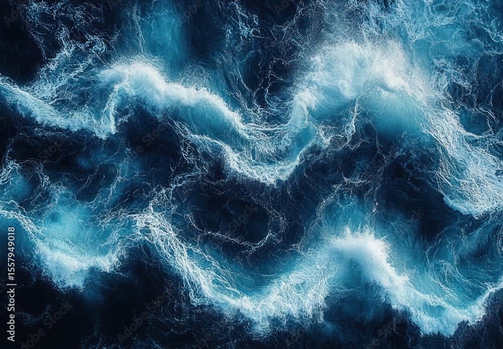 Poster aerial view of dark ocean waves crashing and swirling with white foam creating dynamic patterns