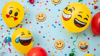Cheerful Emoticon Balloons: A vibrant display of joy, with emoji balloons and confetti scattering on a blue background, perfect for conveying celebratory emotions and festive fun. 