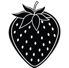 Bold black and white silhouette of a single ripe strawberry with detailed seeds and leafy green top