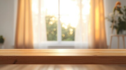 Empty wooden table surface in front of a bright window with sunlight and sheer curtains, creating a warm and cozy indoor atmosphere