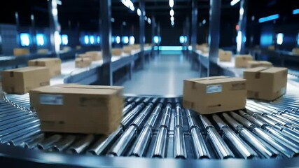 Boxes moving on conveyor belt in automated warehouse or factory - Powered by Adobe