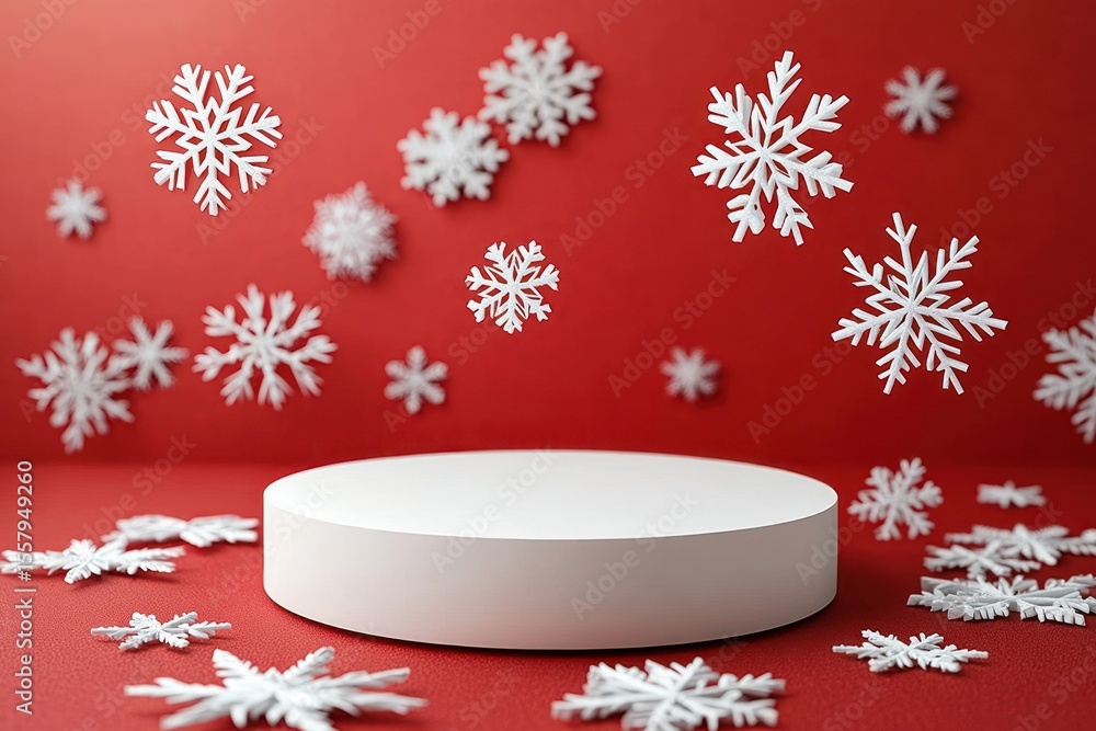 Poster white 3d snowflakes floating and scattered around a white round pedestal on a red background creatin