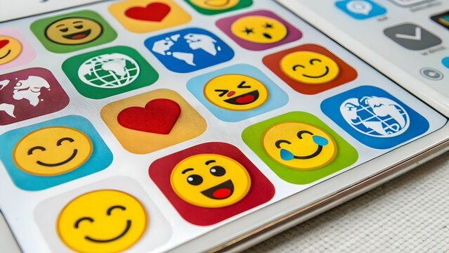 Emoji World on Tablet: A vibrant array of emojis displayed on a tablet screen, showcasing a range of emotions and global icons.