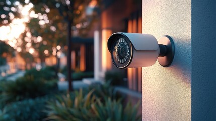 Modern security surveillance camera mounted on wall outside building during sunset with blurred greenery and pathway in background
