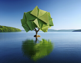 Origami-style tree unfolding over a calm lake