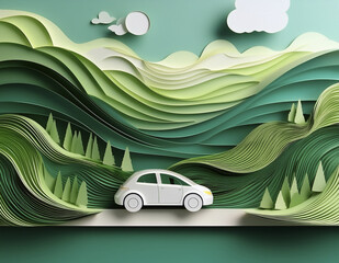 electric car driving through layered green hills