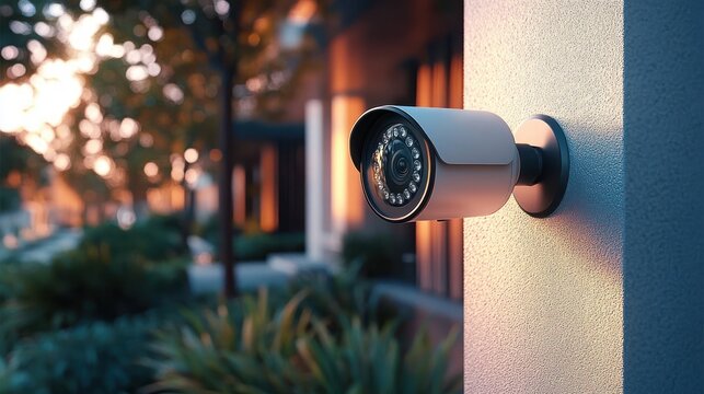 Modern security surveillance camera mounted on wall outside building during sunset with blurred greenery and pathway in background