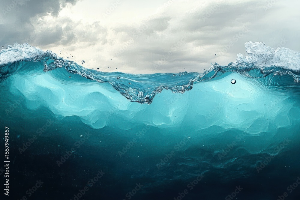 Poster dynamic ocean wave cresting under cloudy sky with sparkling water droplets and light reflections in 