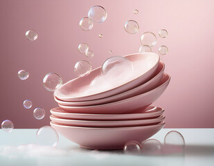 Soft pink ceramic dishes stacked with soap bubbles floating.