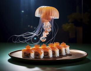 Surreal jellyfish hovering over a plate of sushi, cinematic lighting