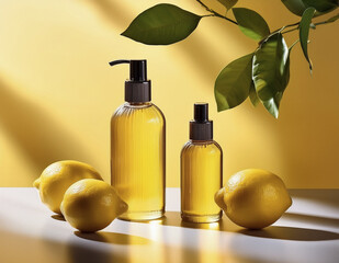 Shadow of a lemon tree cast behind minimal skincare bottles