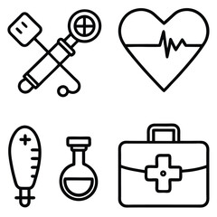 Clean line art icons representing medical and healthcare symbols including a stethoscope heart with  thermometer test tube and first aid kit for medical concepts