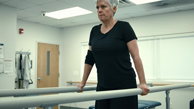 Woman walks parallel bars in physical therapy setting, looking forward