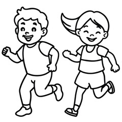 Two happy cartoon children a boy and a girl are running together with smiles on their faces depicted in a simple black and white line drawing style conveying health and activity