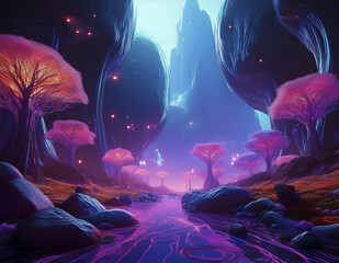 Vast valley with neon trees and giant floating stones
