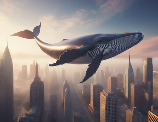 flying above a modern skyline in the morning haze, peaceful dream concept, 3D fantasy render.
