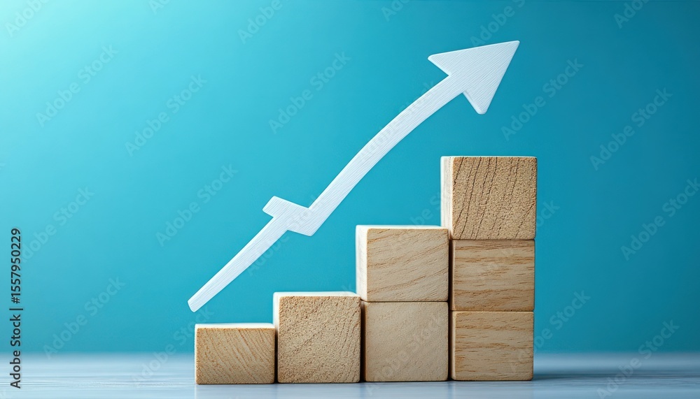 Poster wooden blocks stacked in ascending order from left to right representing growth with a white upward 