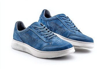 pair of stylish blue suede sneakers with perforated details and white rubber soles isolated on white background