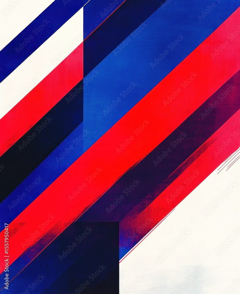 Poster abstract geometric composition with diagonal stripes and blocks in red, blue, black, and white, crea